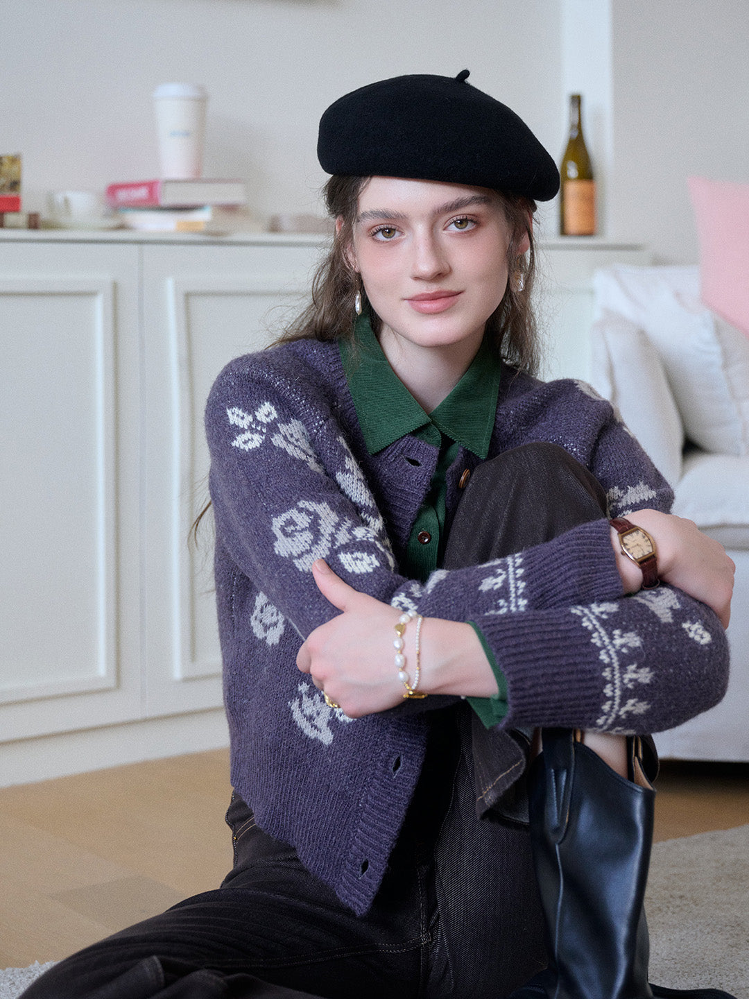 Katie Round Neck Jacquard Wool Cardigan