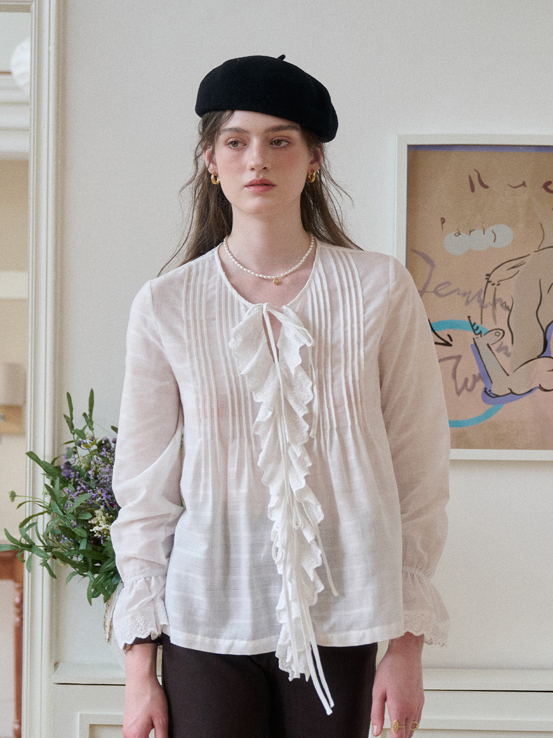 Jayla Round Neck Pleats Trumpet Sleeve Blouse
