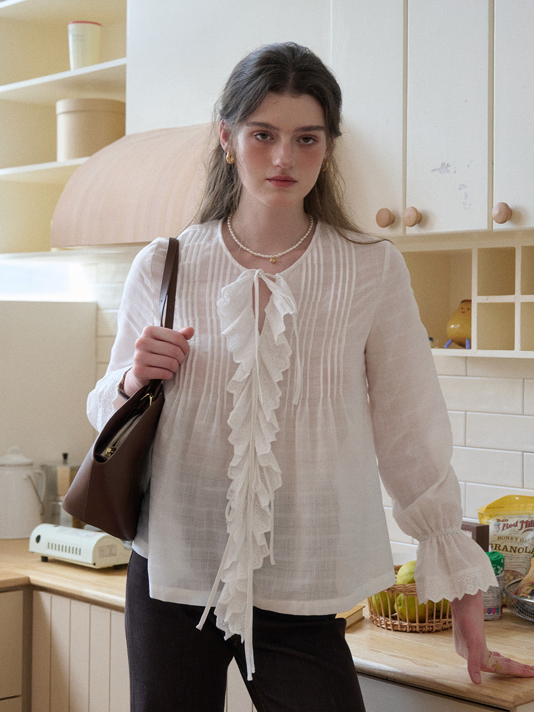 Jayla Round Neck Pleats Trumpet Sleeve Blouse