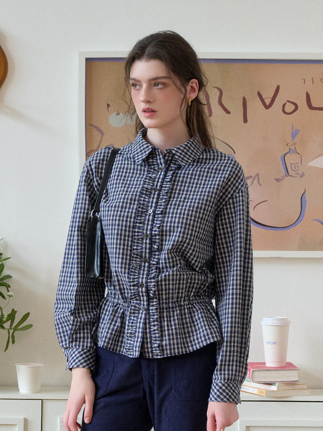 Ariya Point Collar Plaid Cotton Blouse