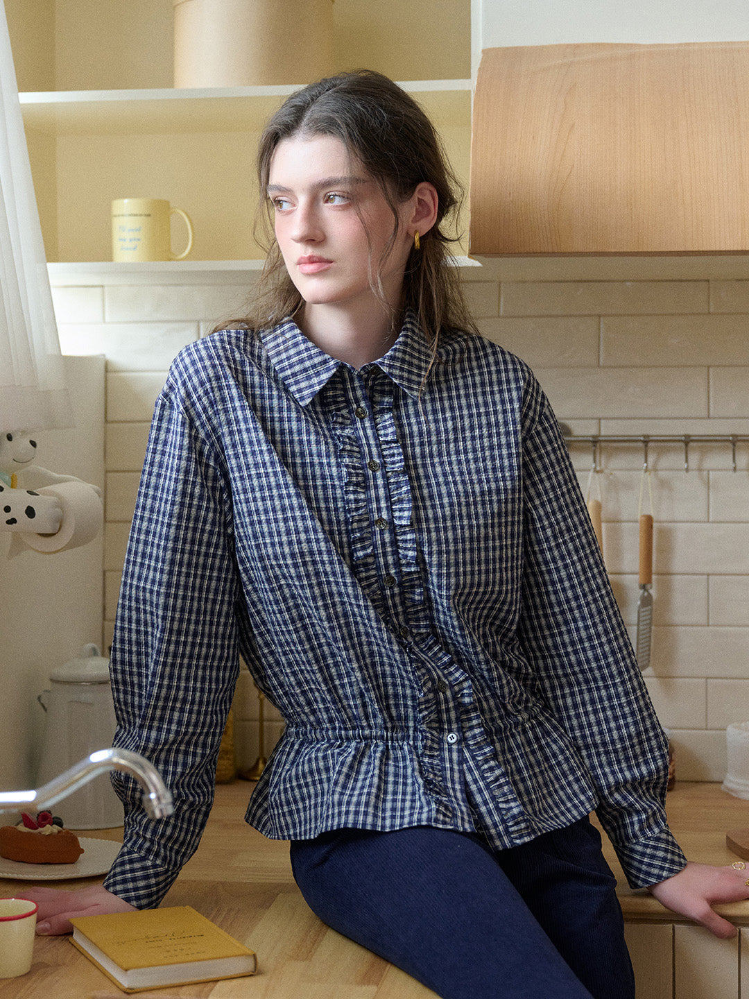 Ariya Point Collar Plaid Cotton Blouse
