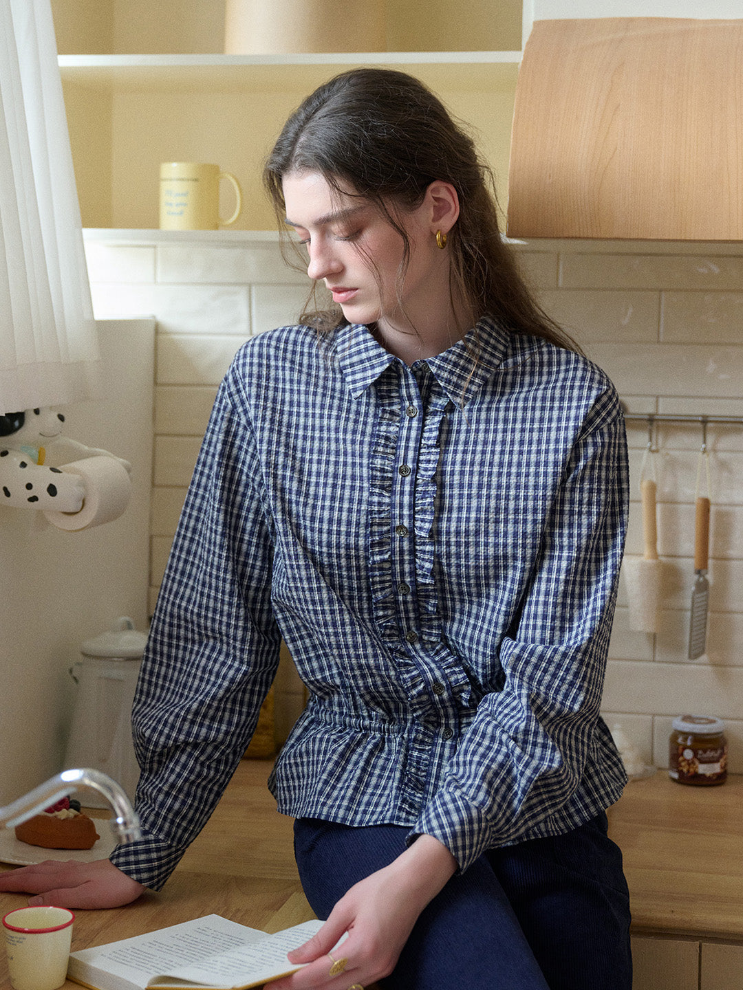 Ariya Point Collar Plaid Cotton Blouse