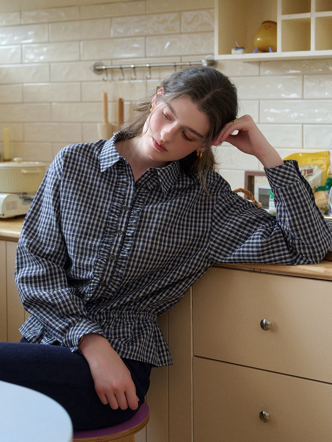 Ariya Point Collar Plaid Cotton Blouse