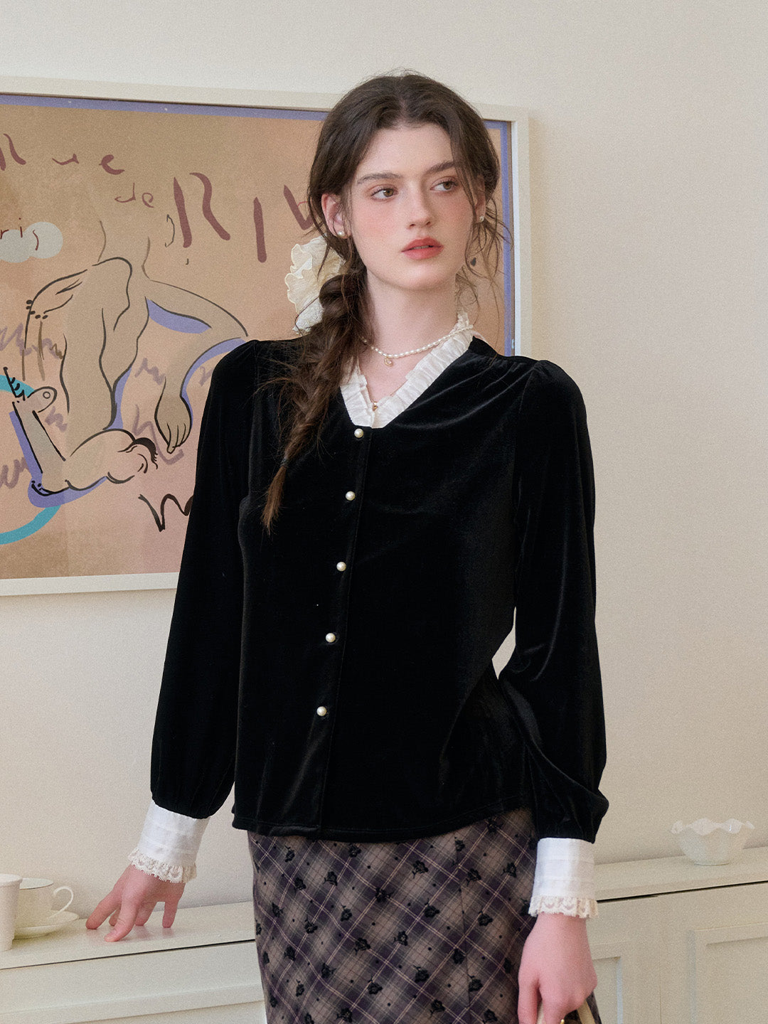 Mariam V-Neck Velvet Blouse