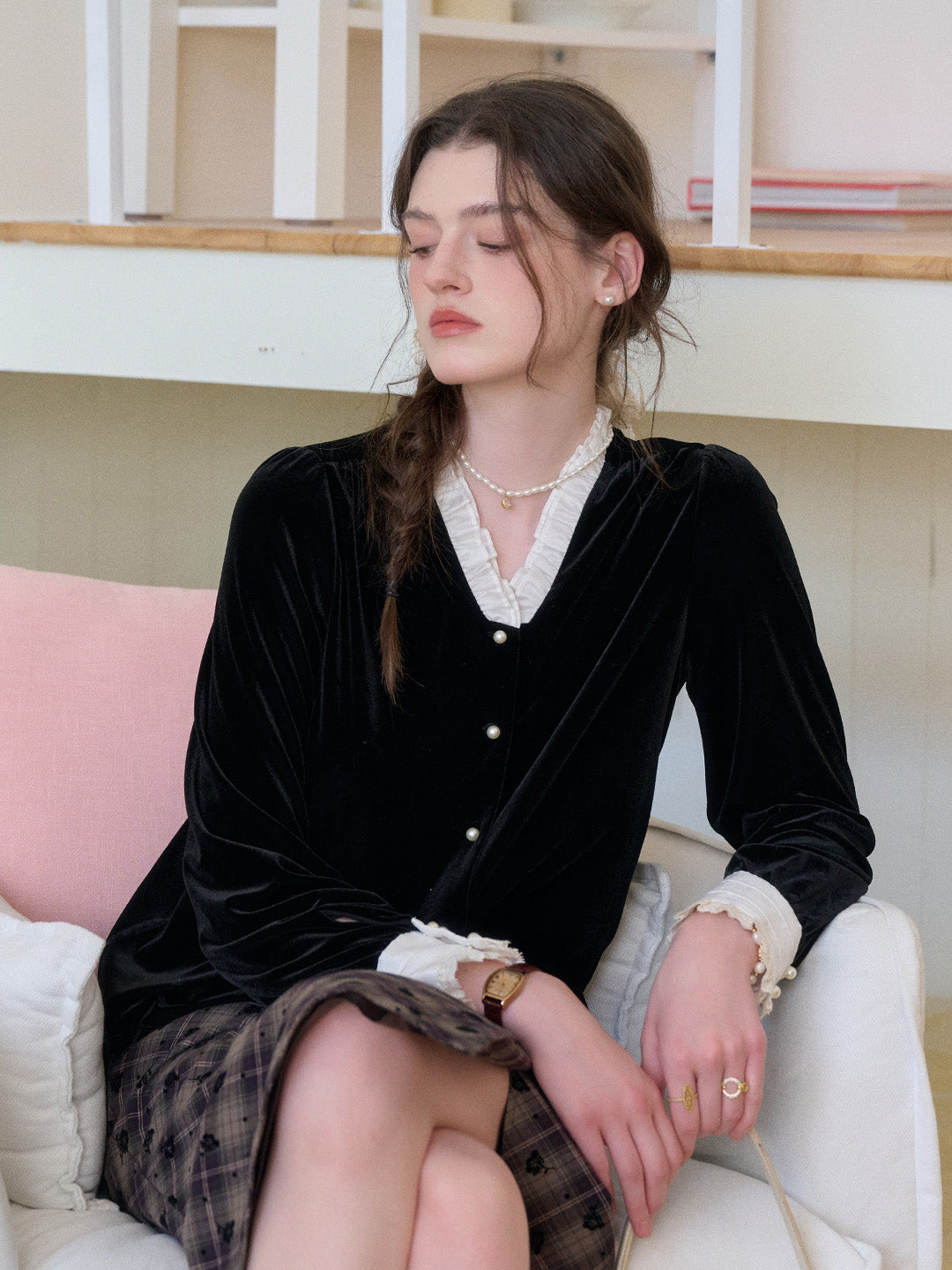 Mariam V-Neck Velvet Blouse