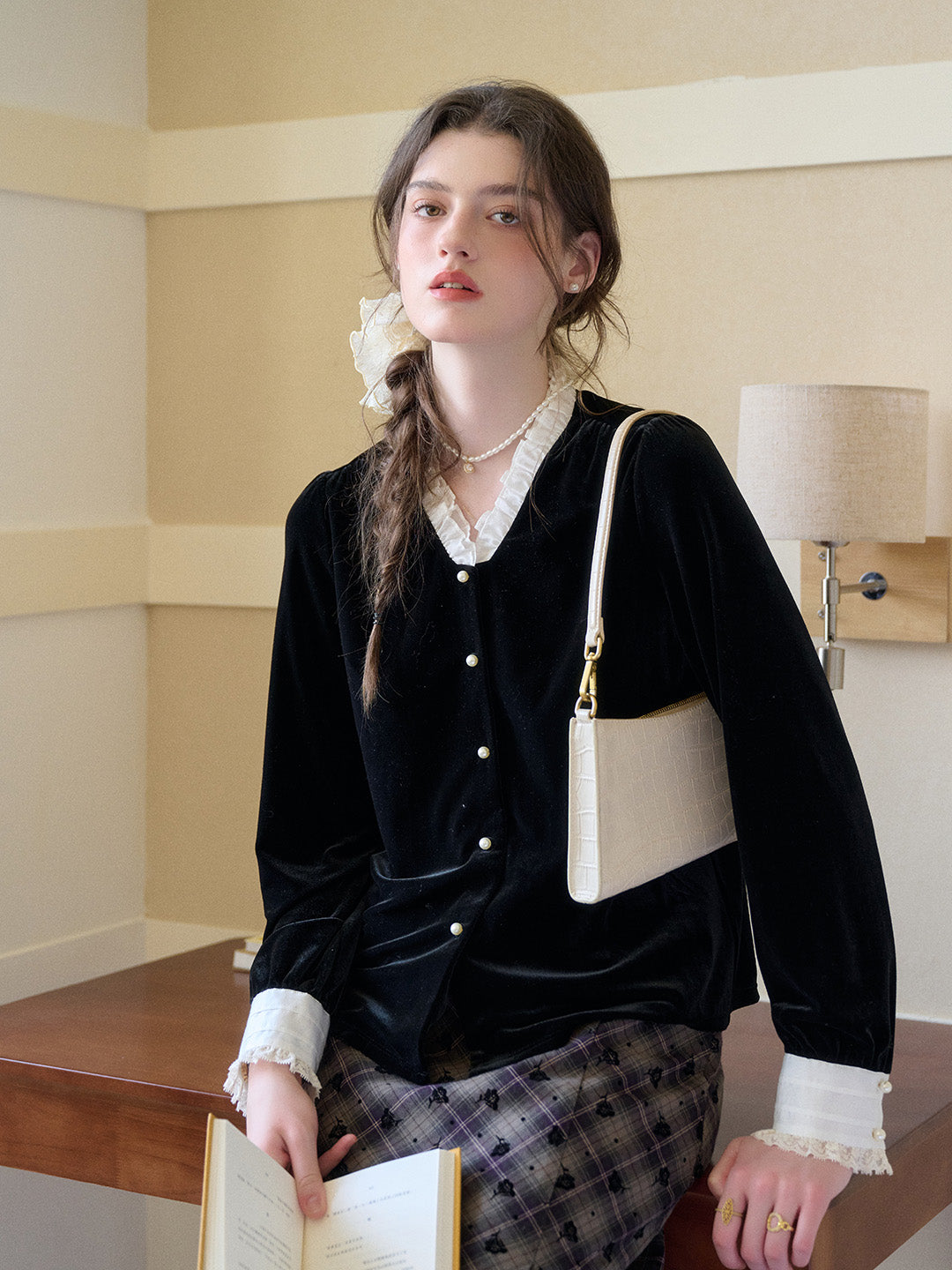 Mariam V-Neck Velvet Blouse