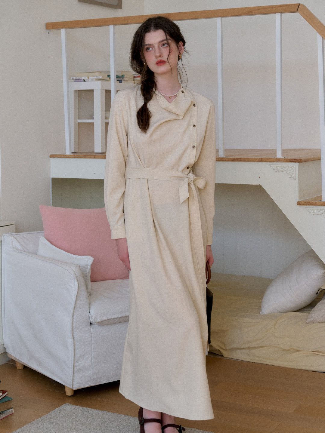 Kora Round Neck Blet Linen Dress