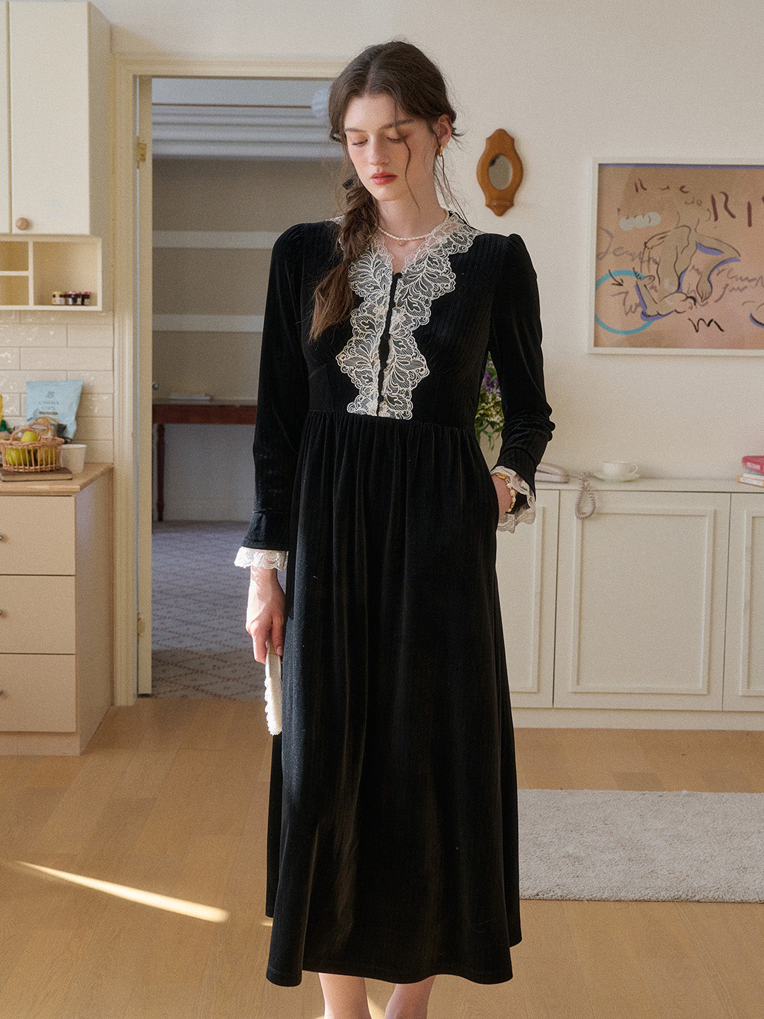 Ariah V-Neck Lace Velvet Dress