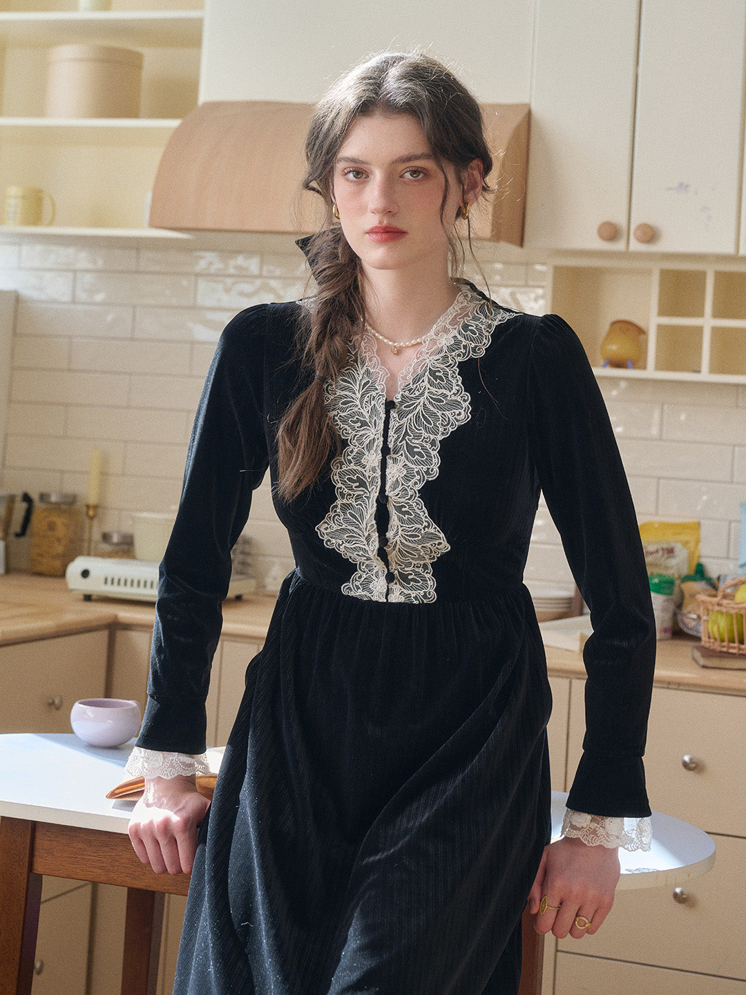 Ariah V-Neck Lace Velvet Dress
