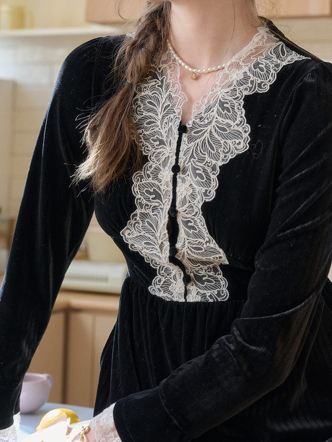 Ariah V-Neck Lace Velvet Dress