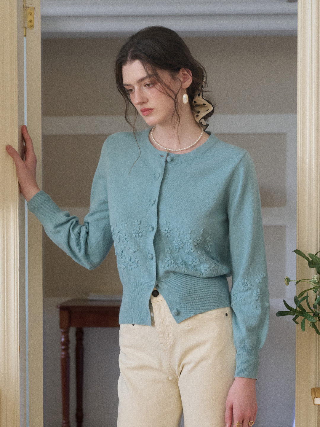 Lola Round Neck Embroidery Wool Cardigan