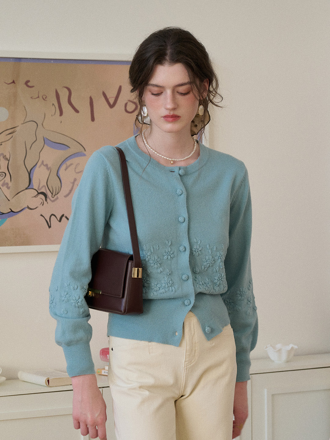 Lola Round Neck Embroidery Wool Cardigan