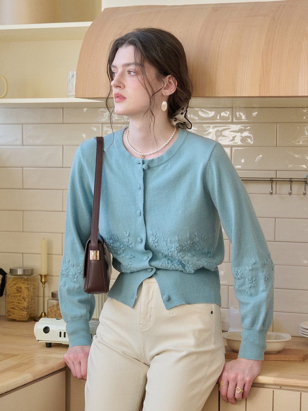 Lola Round Neck Embroidery Wool Cardigan