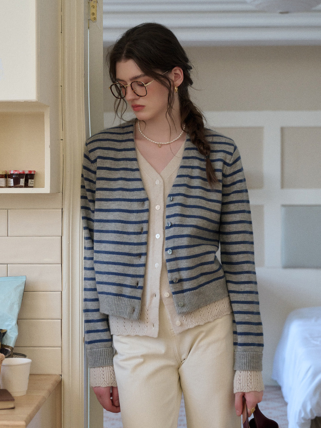 Frankie V-Neck Stripe Wool Cardigan