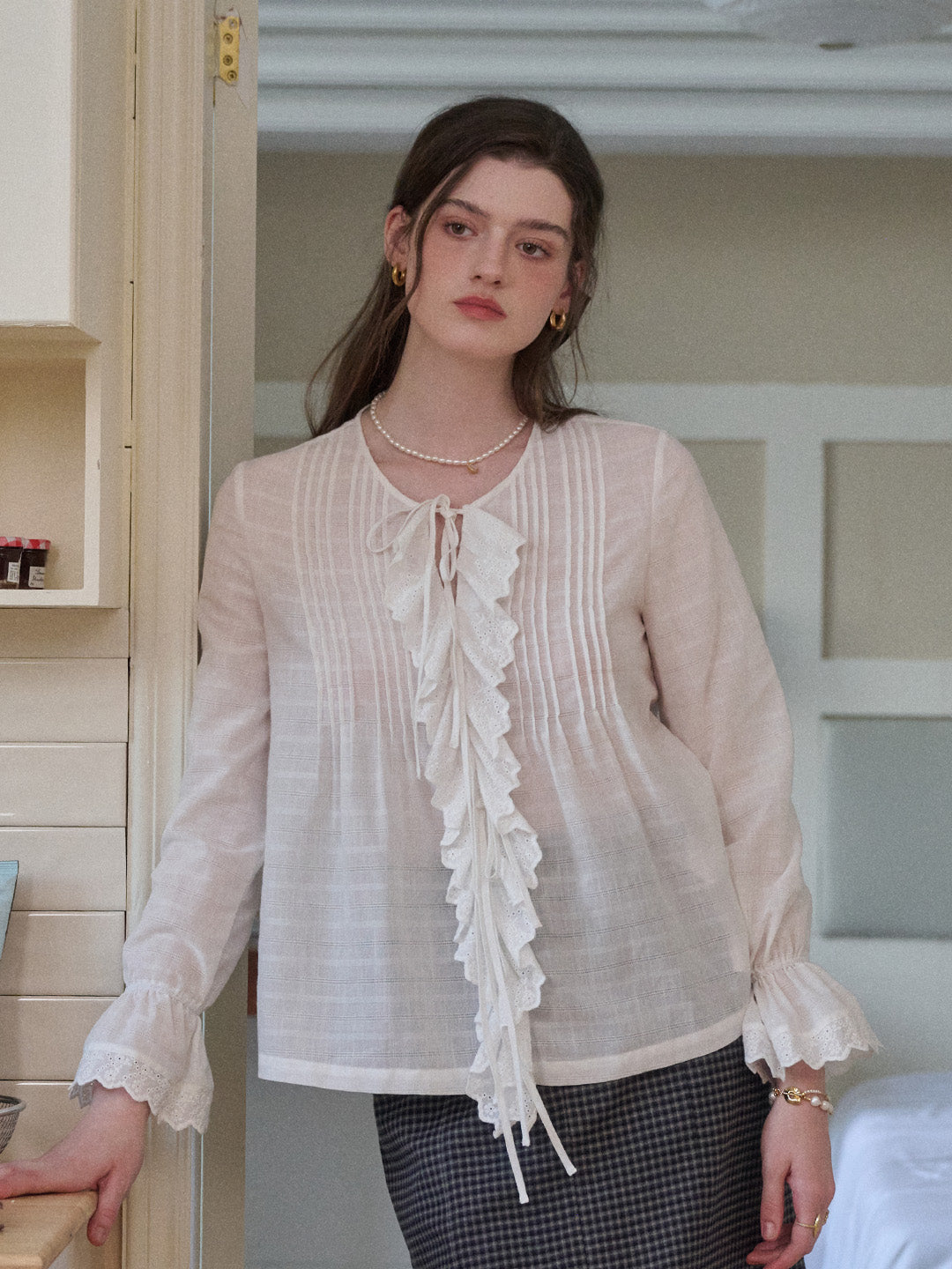 Jayla Round Neck Pleats Trumpet Sleeve Blouse