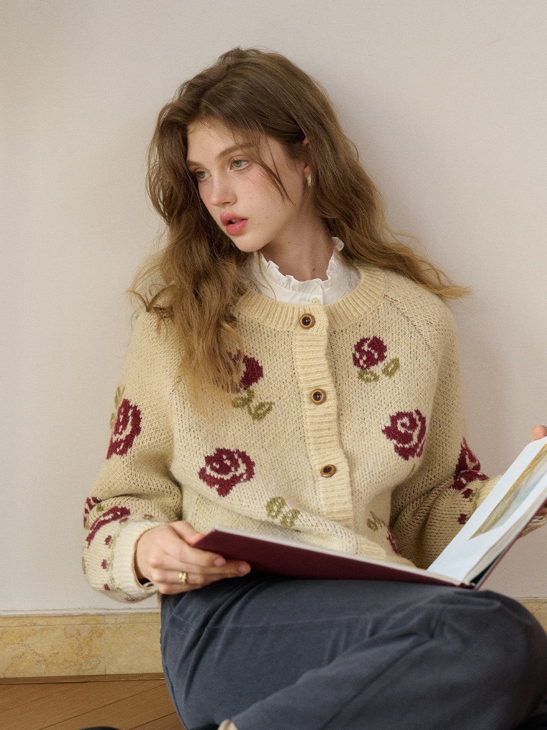 Katie Round Neck Jacquard Wool Cardigan