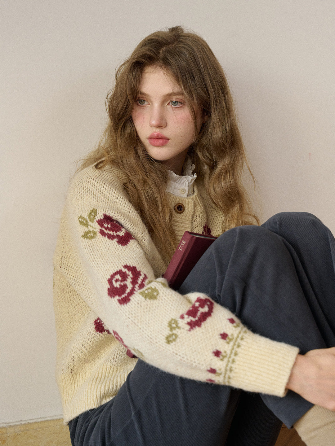 Katie Round Neck Jacquard Wool Cardigan