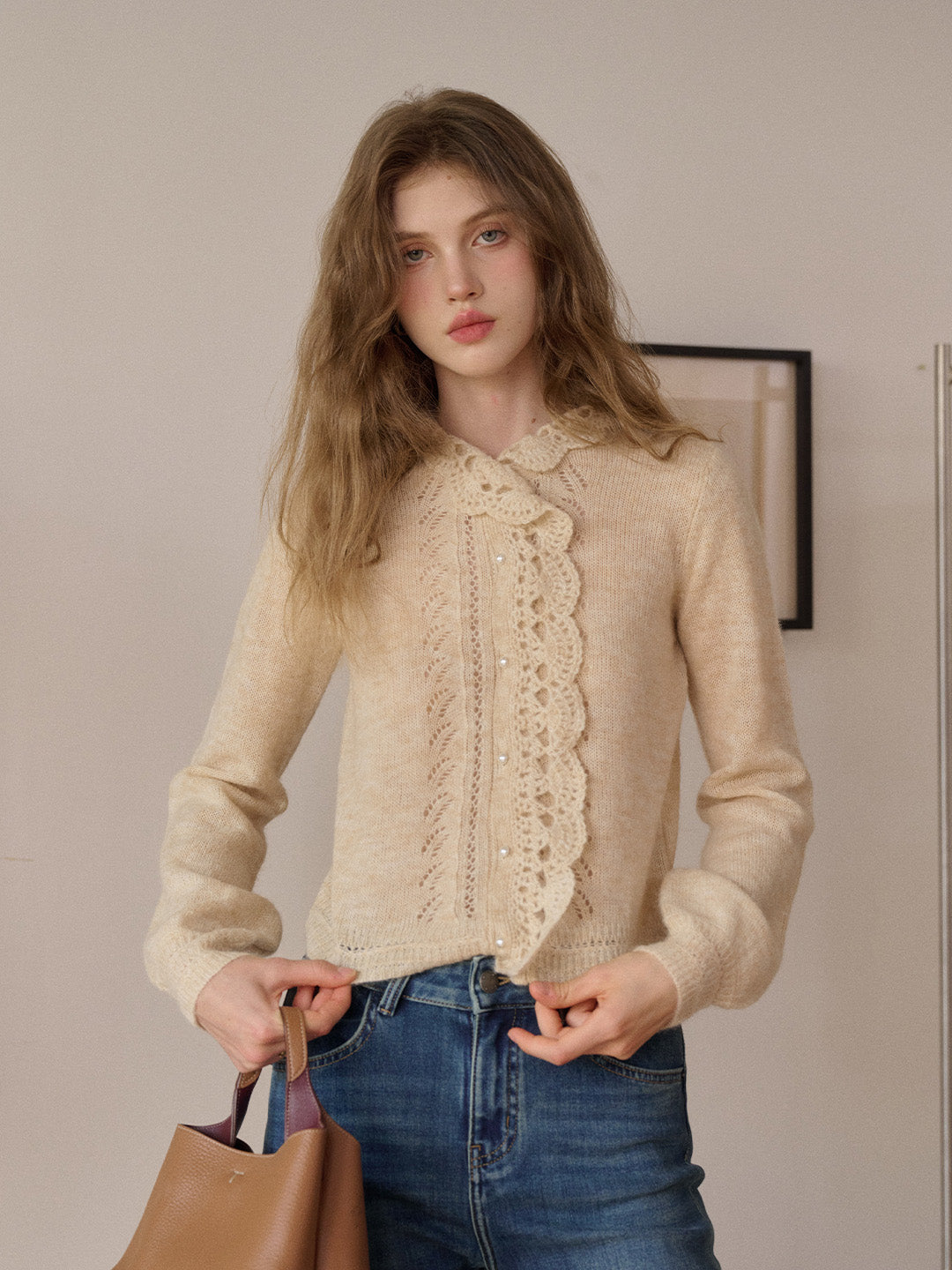 Lauren Wavy Collar Hollow Knit Cardigan