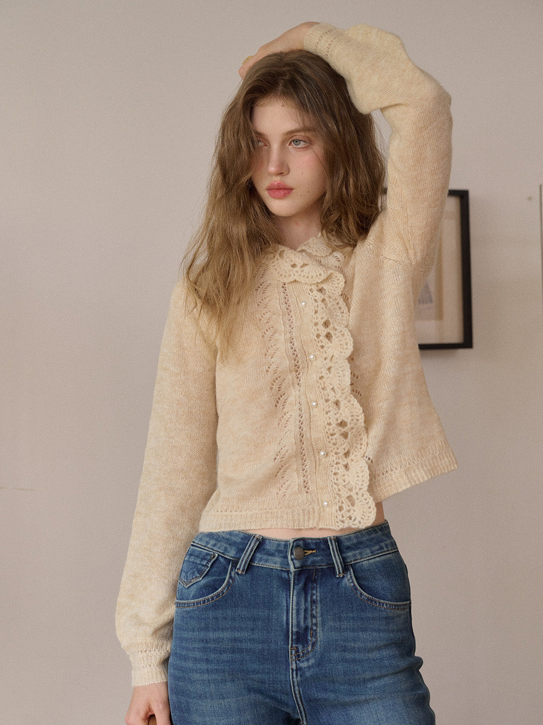 Lauren Wavy Collar Hollow Knit Cardigan