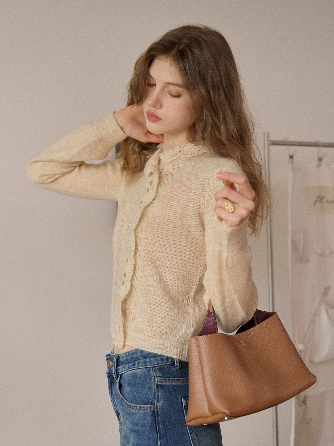 Lauren Wavy Collar Hollow Knit Cardigan