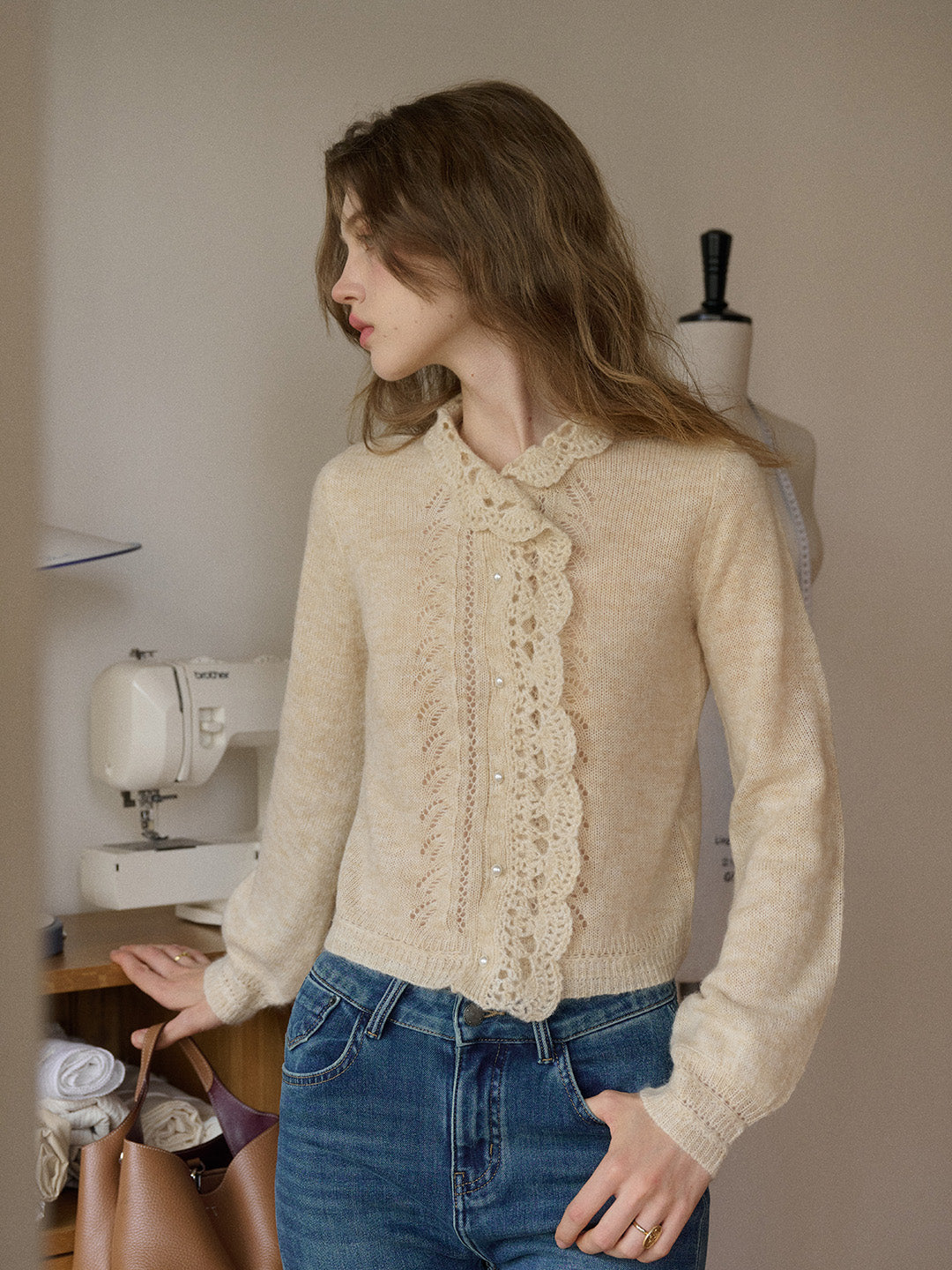 Lauren Wavy Collar Hollow Knit Cardigan