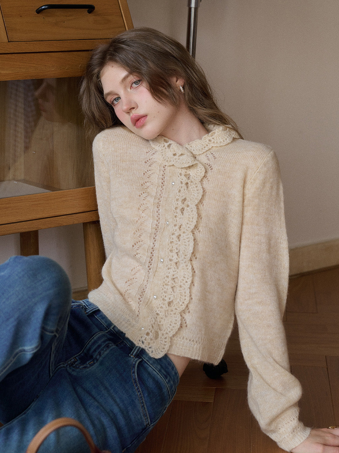 Lauren Wavy Collar Hollow Knit Cardigan