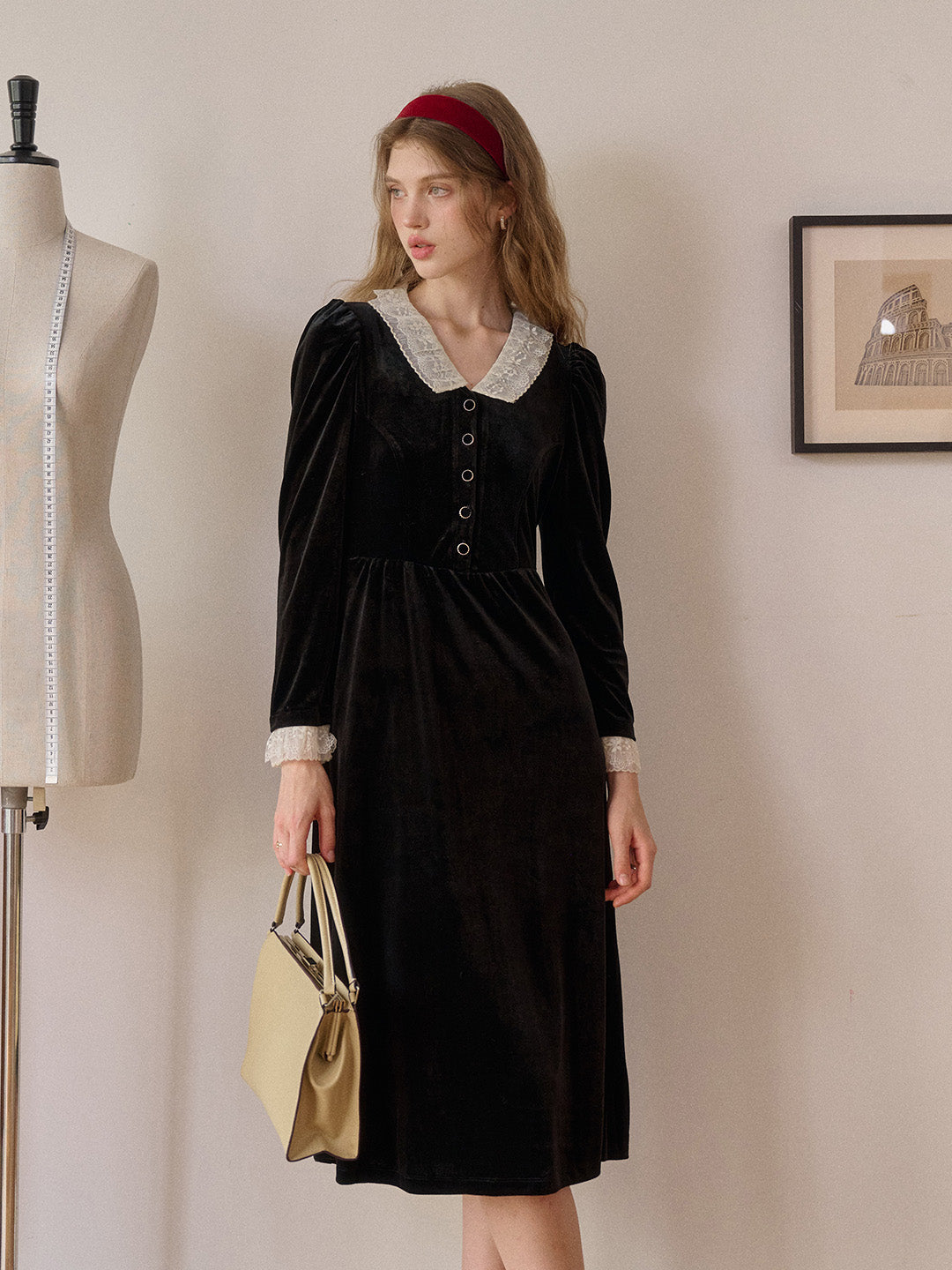 Emely V-Neck Velvet Lace Dress