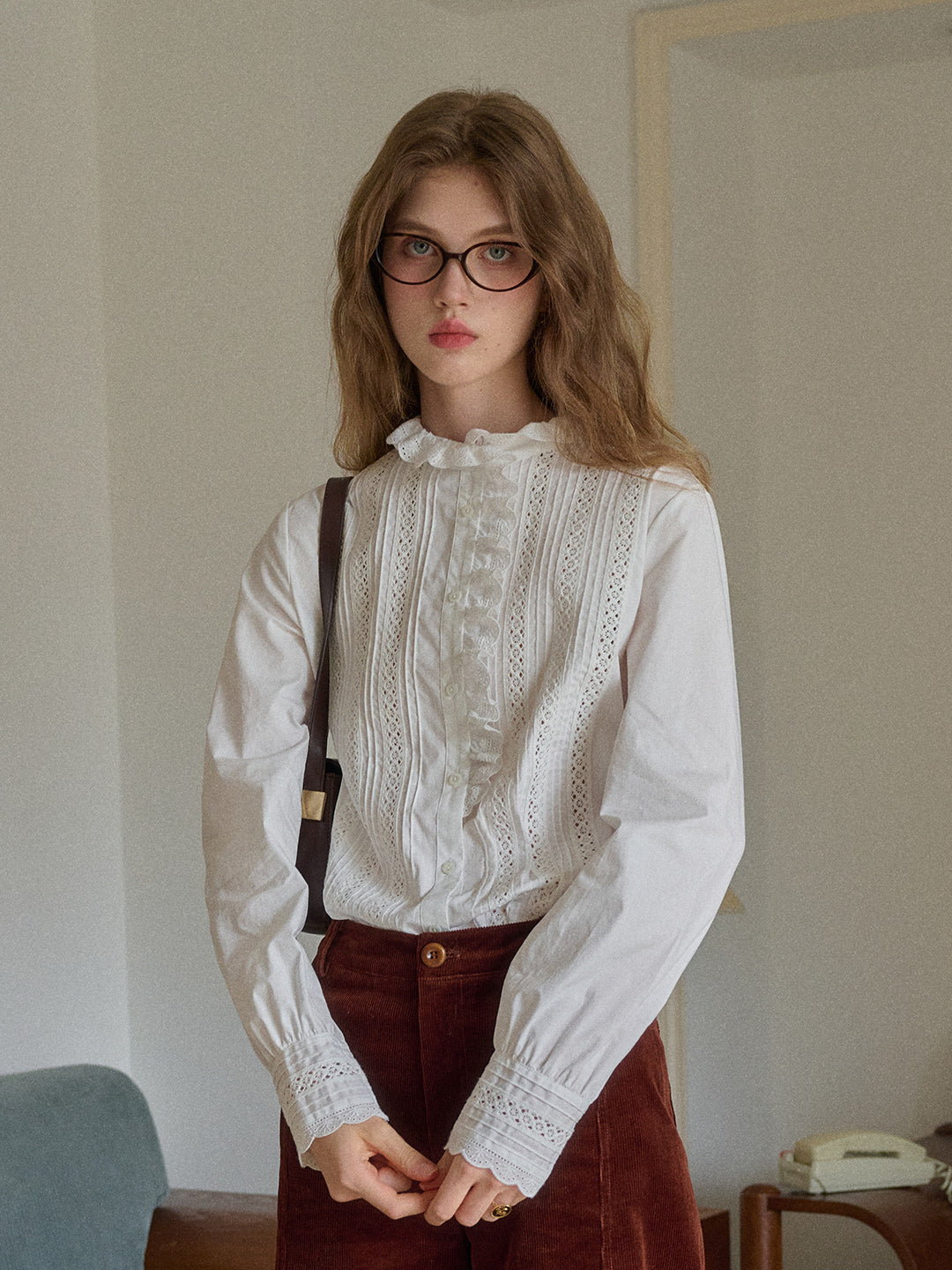 Journi Ruffle Collar Hollow 100% Cotton Blouse