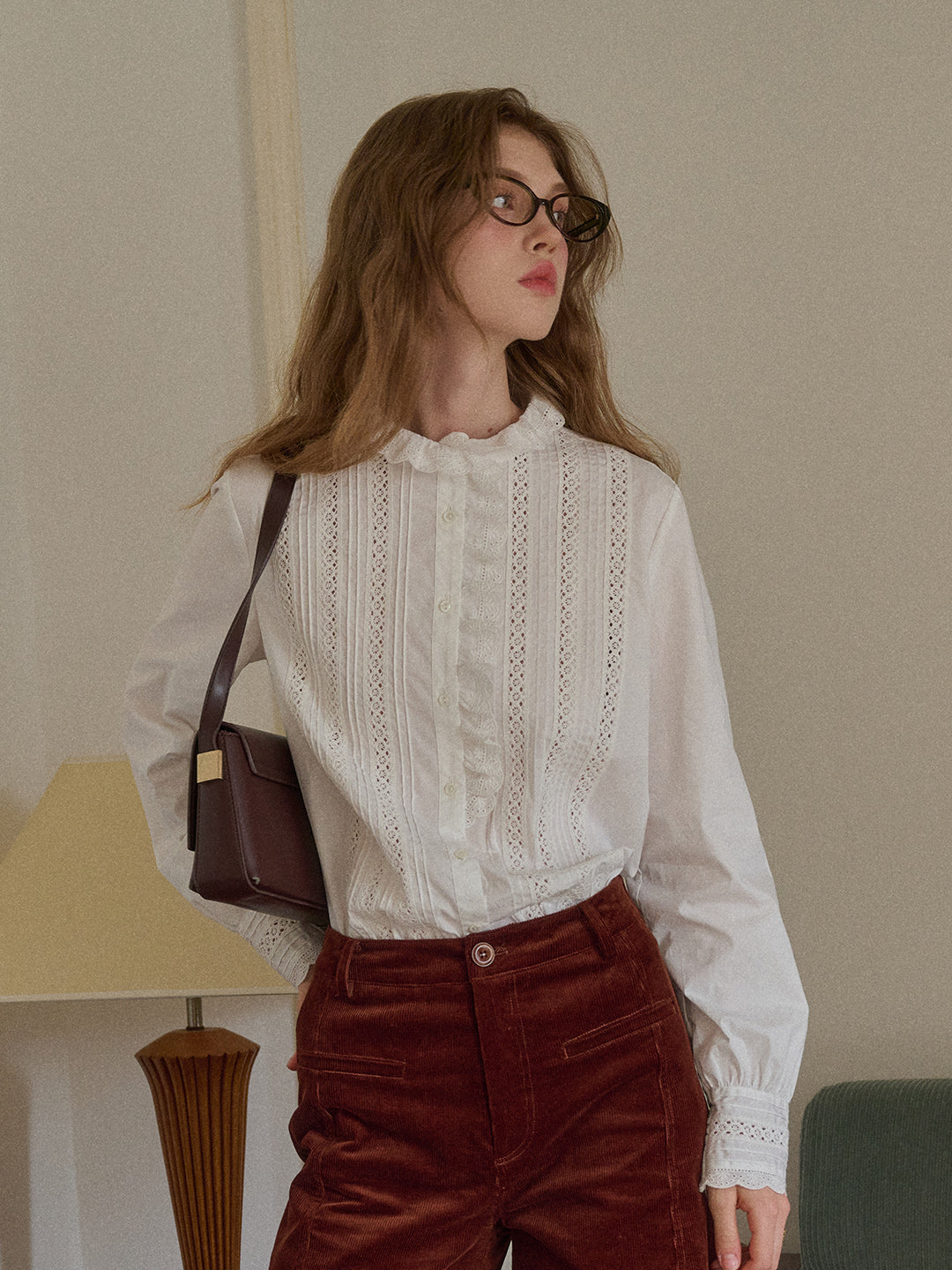 Journi Ruffle Collar Hollow 100% Cotton Blouse