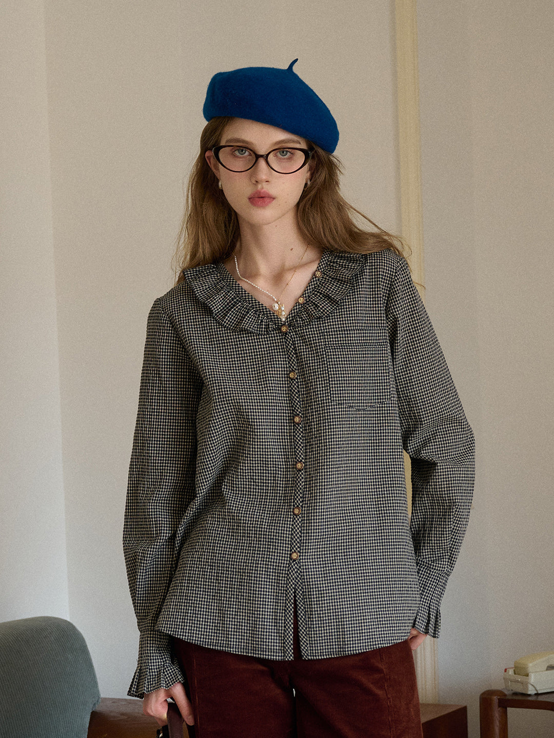 Nellie V-Neck Plaid Blouse