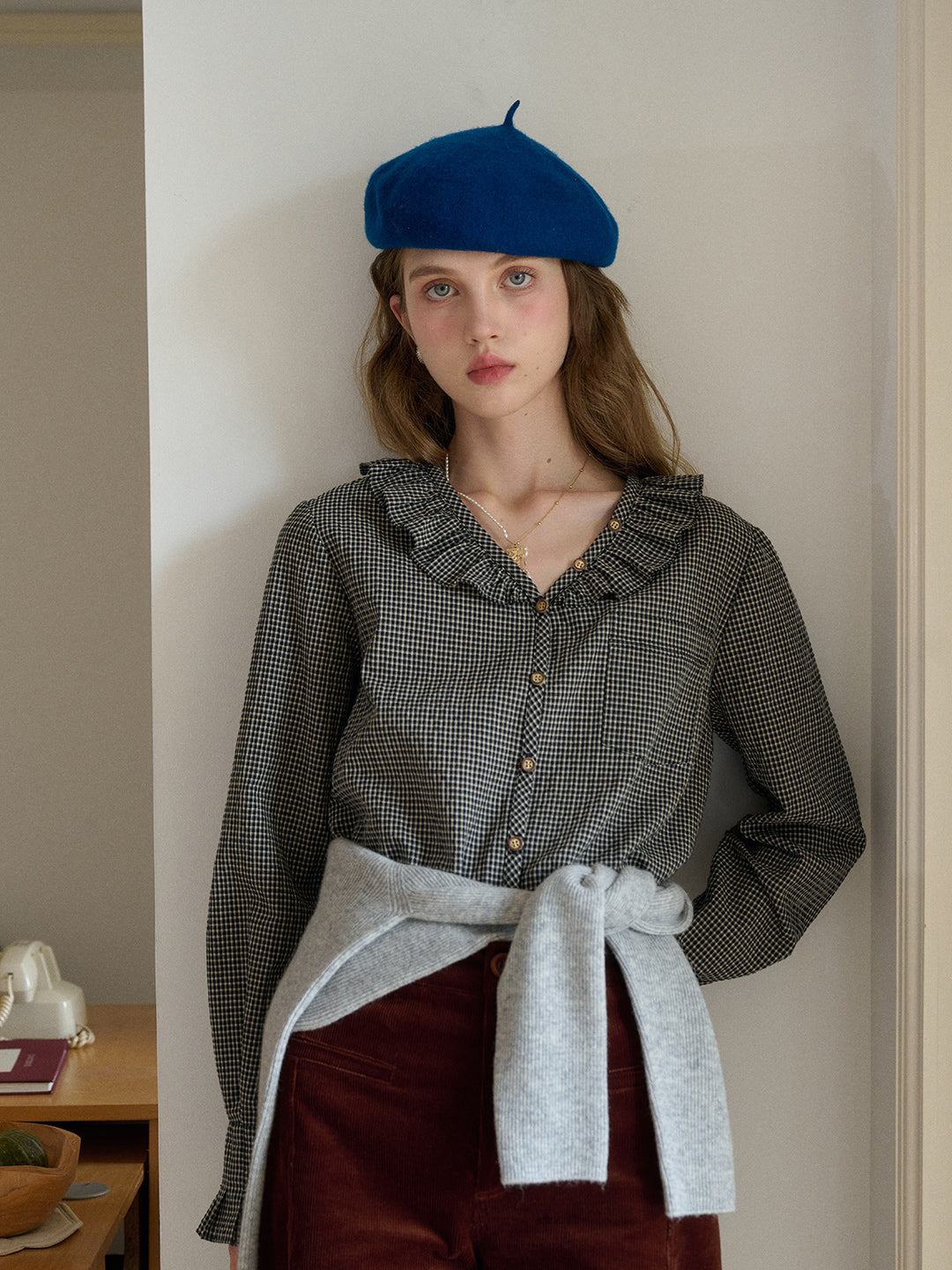 Nellie V-Neck Plaid Blouse