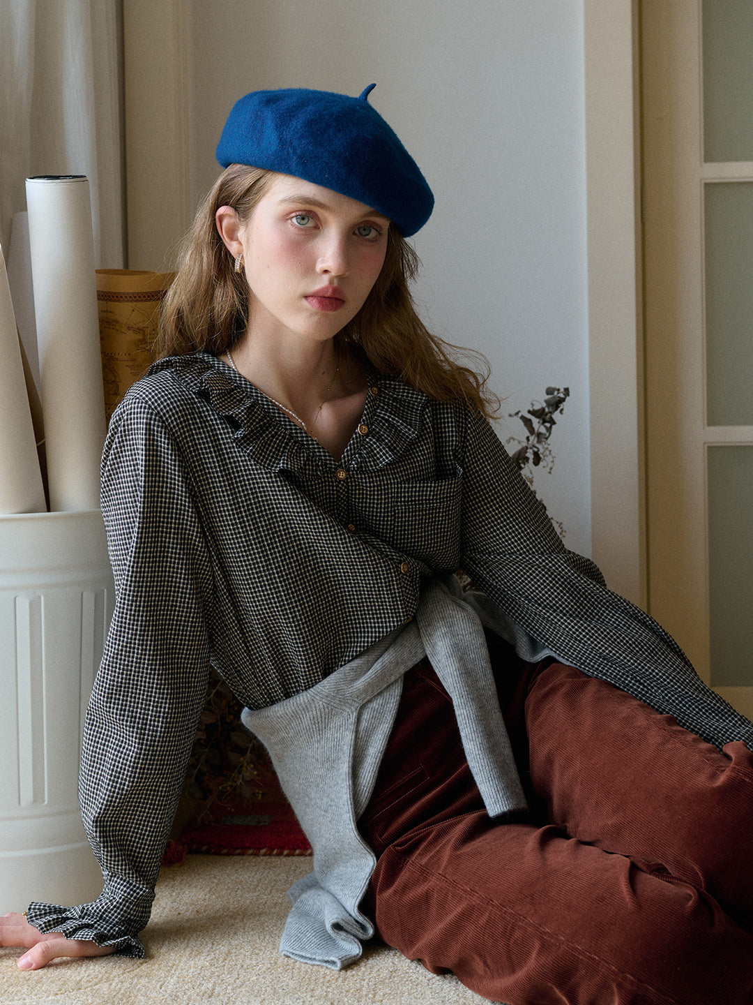 Nellie V-Neck Plaid Blouse