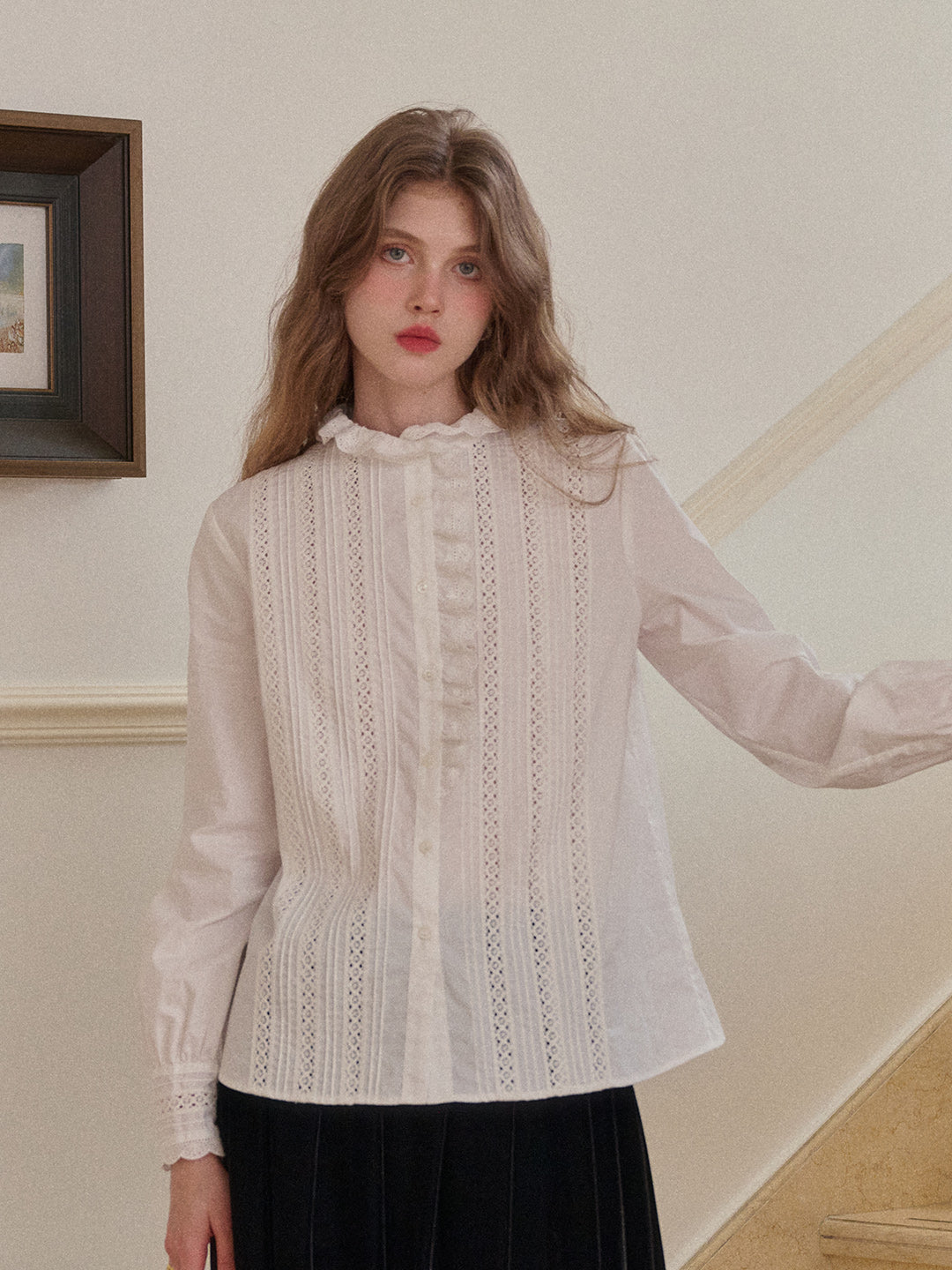 Journi Ruffle Collar Hollow 100% Cotton Blouse