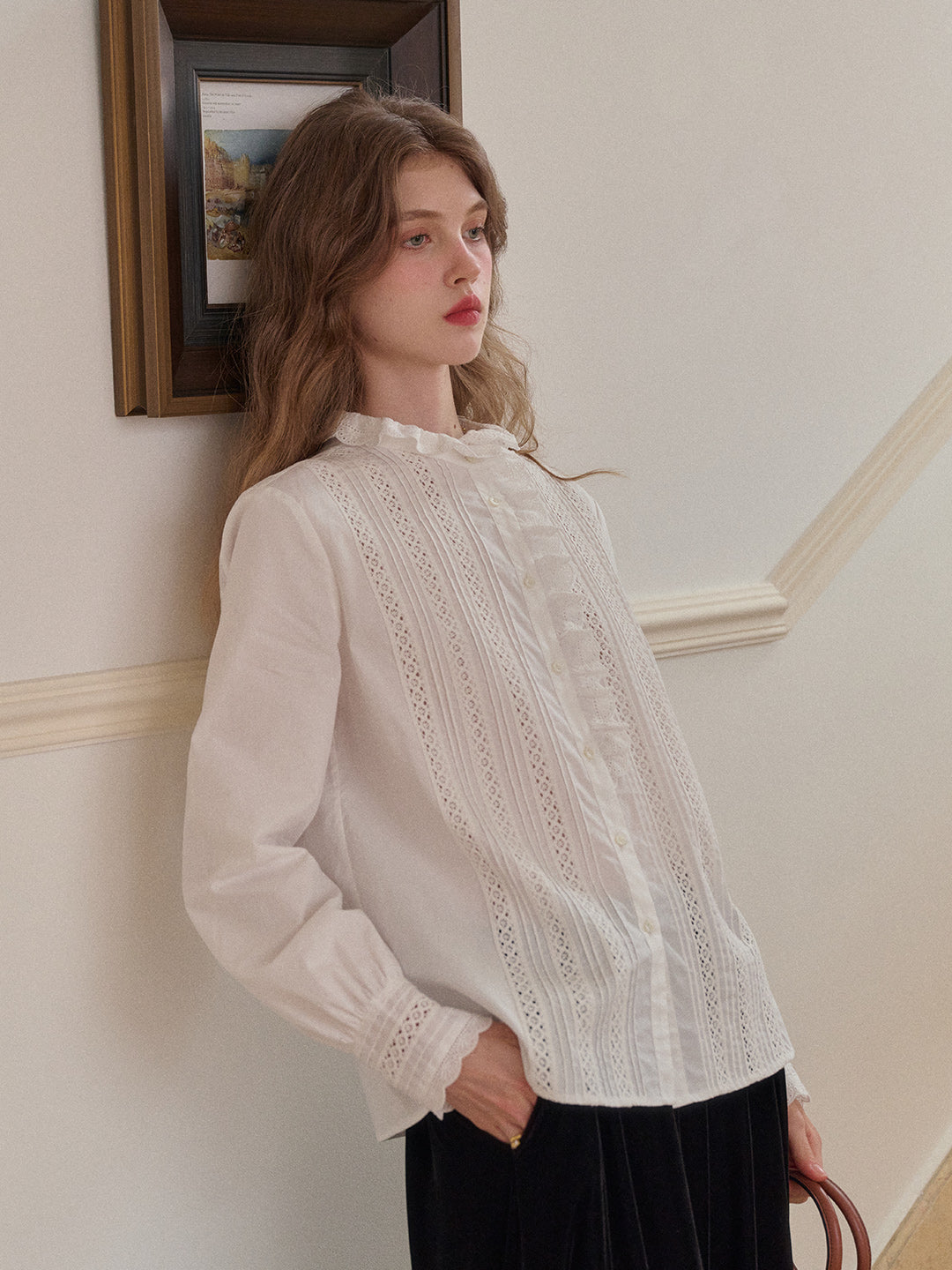 Journi Ruffle Collar Hollow 100% Cotton Blouse
