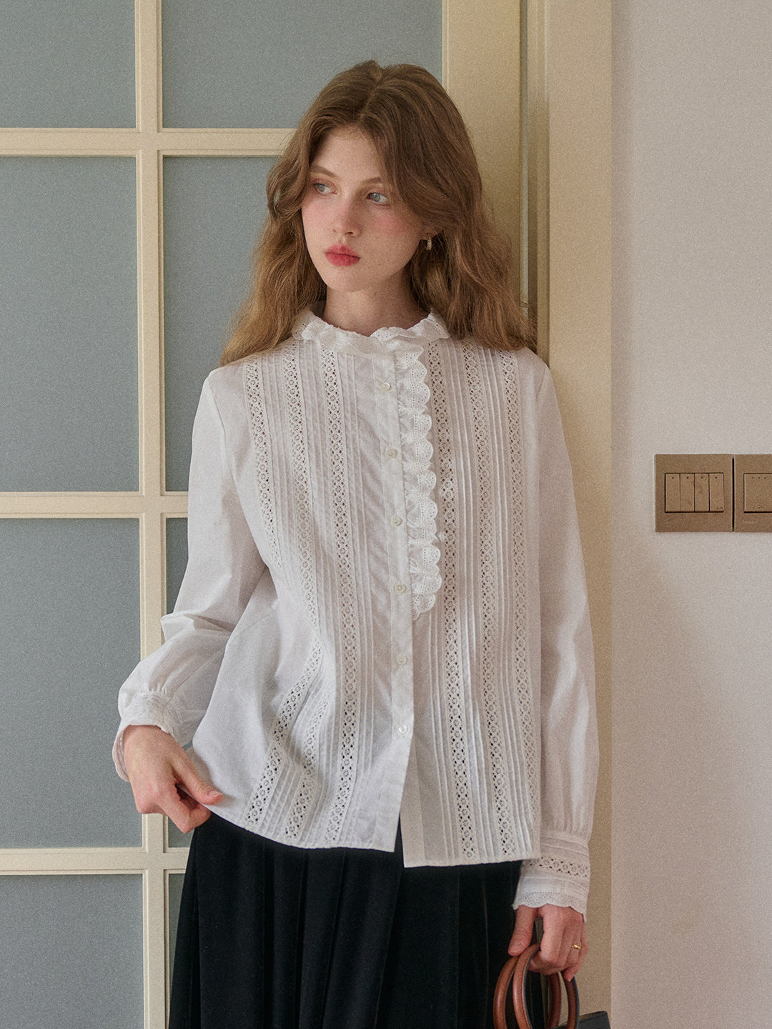 Journi Ruffle Collar Hollow 100% Cotton Blouse