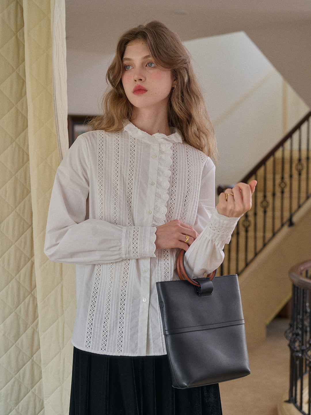 Journi Ruffle Collar Hollow 100% Cotton Blouse