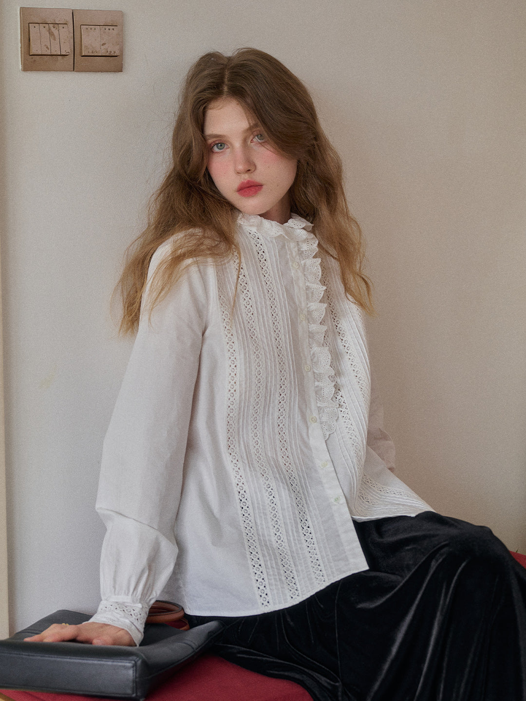 Journi Ruffle Collar Hollow 100% Cotton Blouse
