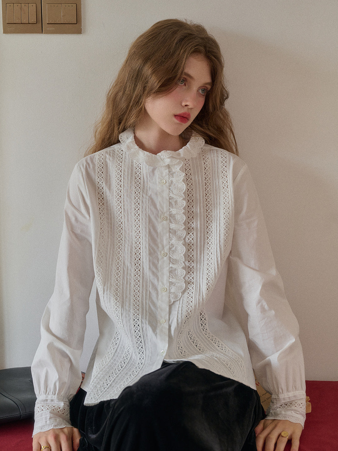 Journi Ruffle Collar Hollow 100% Cotton Blouse