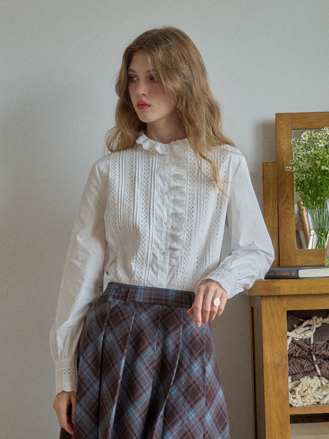 Journi Ruffle Collar Hollow 100% Cotton Blouse