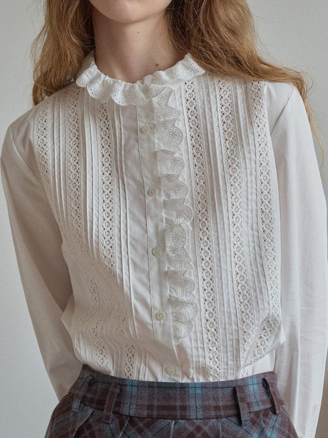 Journi Ruffle Collar Hollow 100% Cotton Blouse