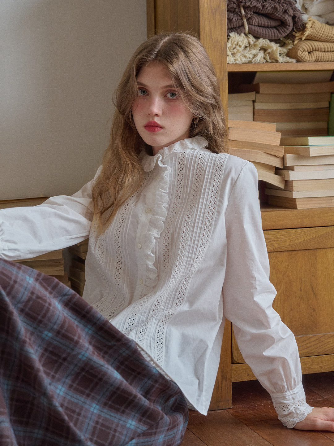 Journi Ruffle Collar Hollow 100% Cotton Blouse