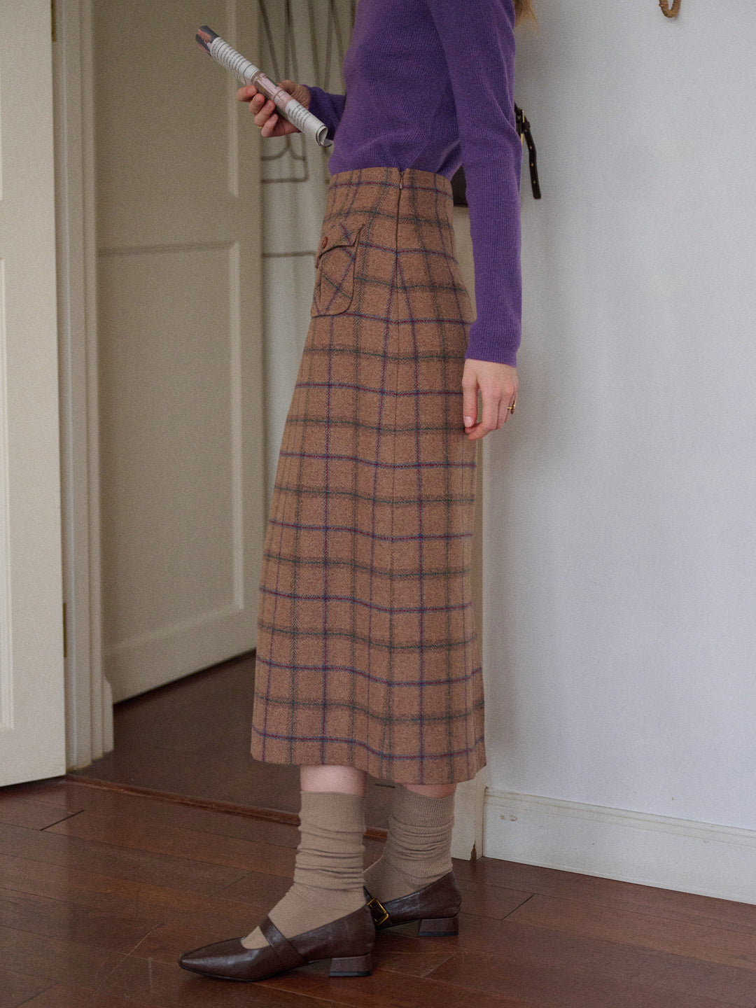 Ila Plaid Wool Midi Skirt