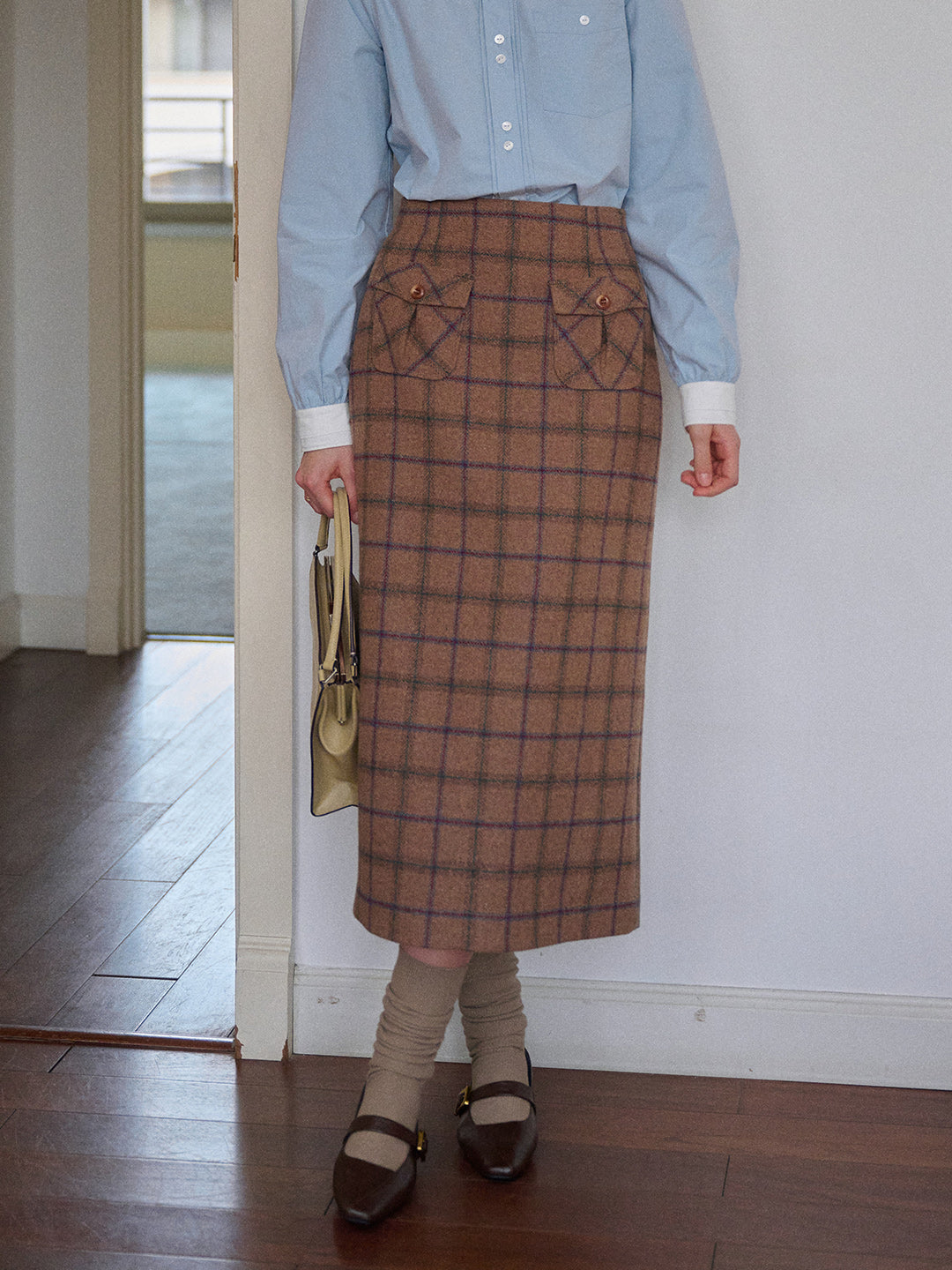 Ila Plaid Wool Midi Skirt