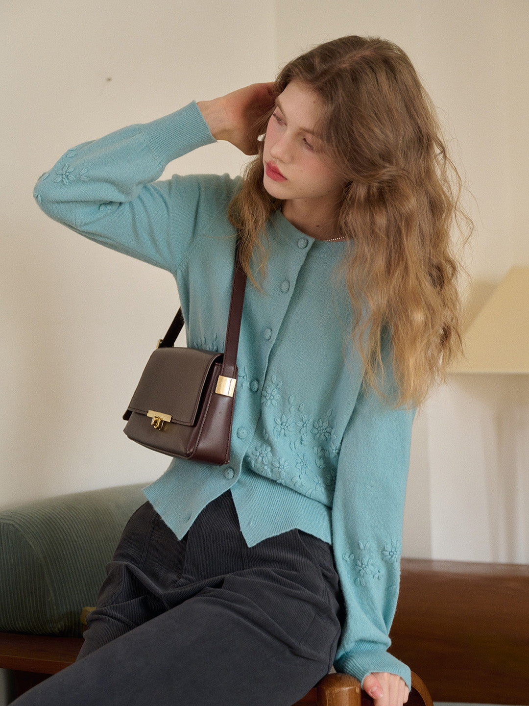 Lola Round Neck Embroidery Wool Cardigan