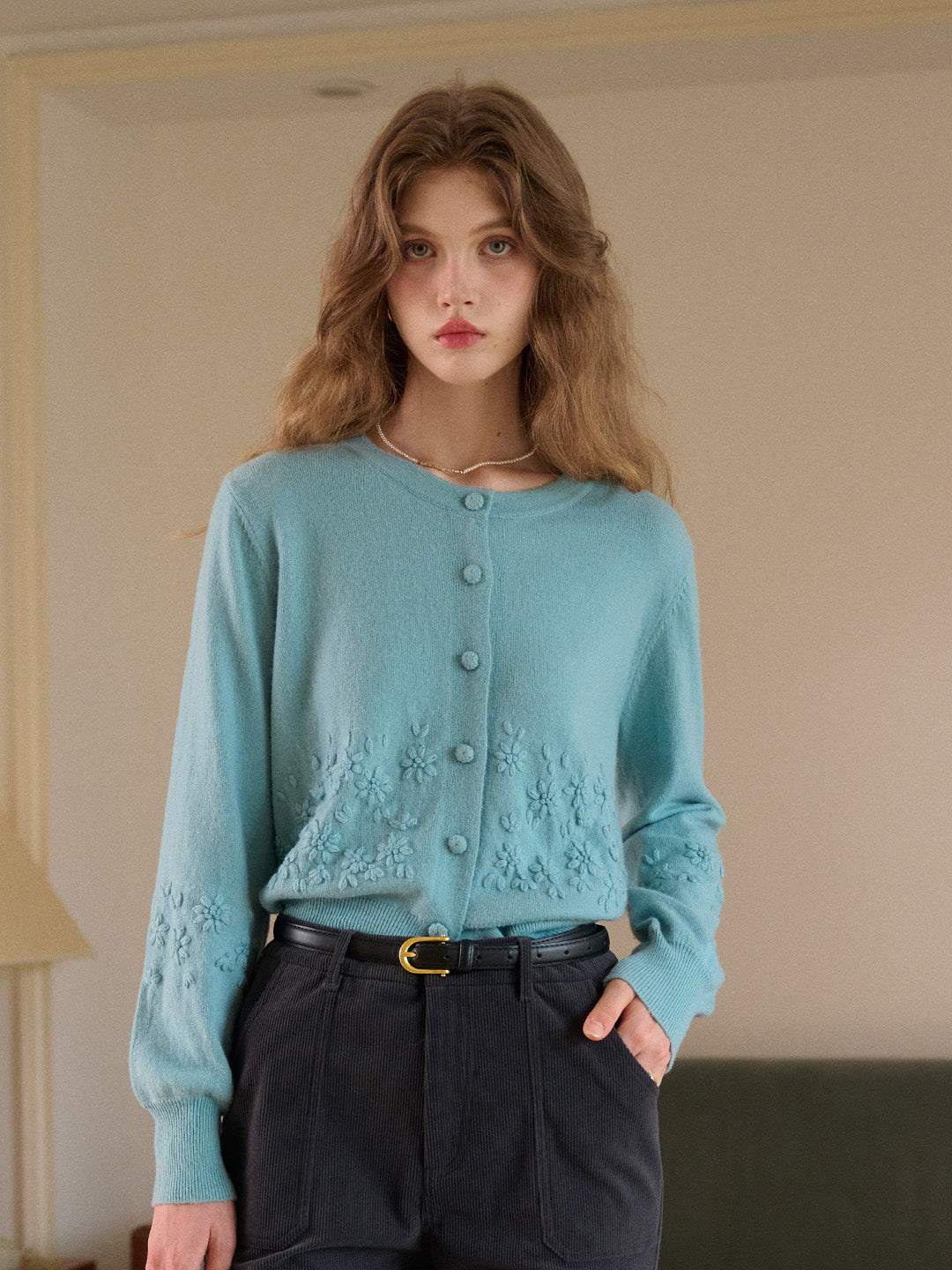 Lola Round Neck Embroidery Wool Cardigan