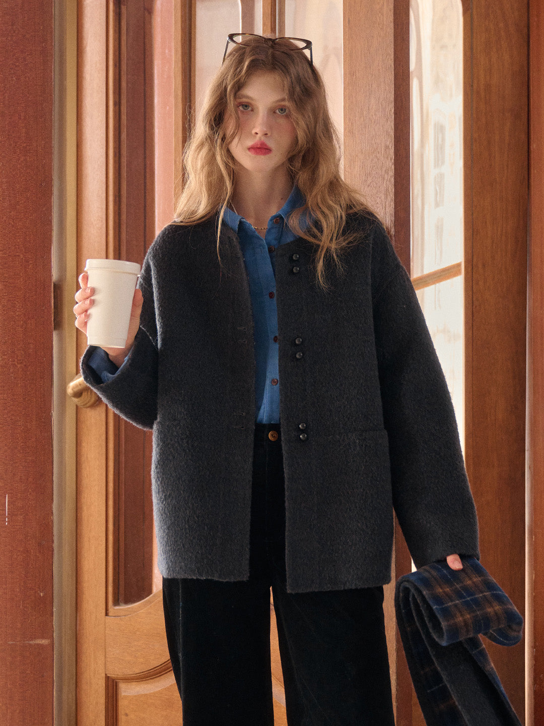 Jream Plaid Scarf Wool Coat