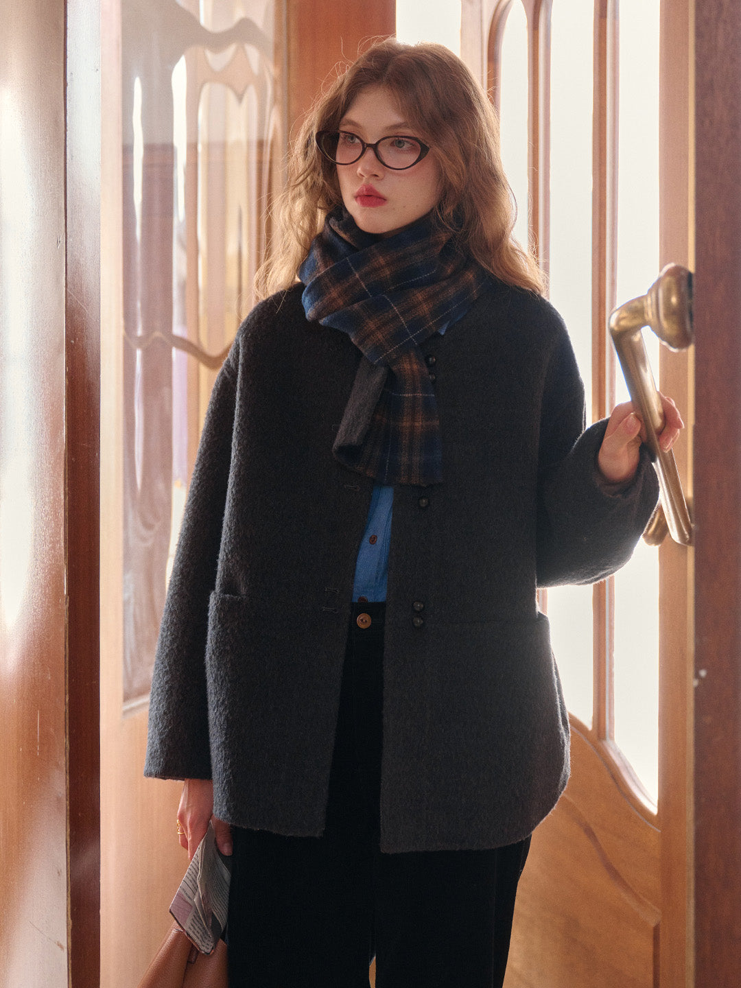 Jream Plaid Scarf Wool Coat