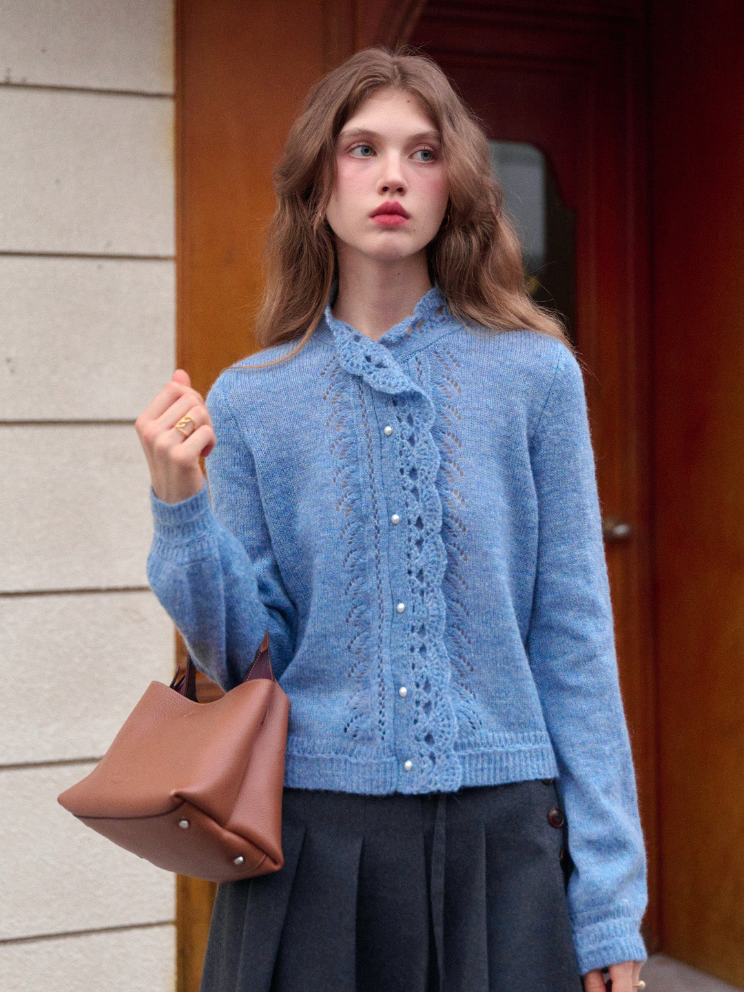 Lauren Wavy Collar Hollow Knit Cardigan