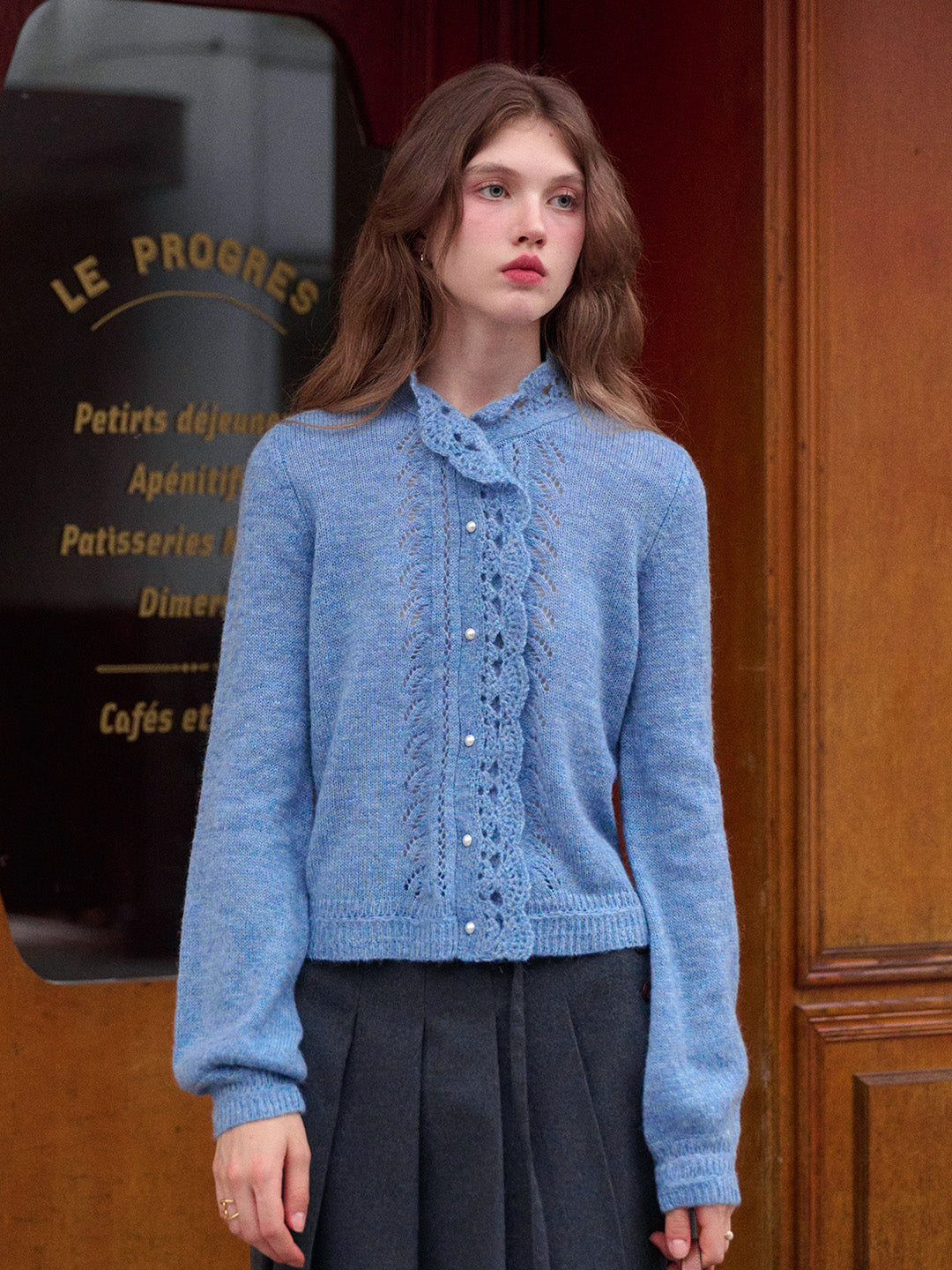 Lauren Wavy Collar Hollow Knit Cardigan