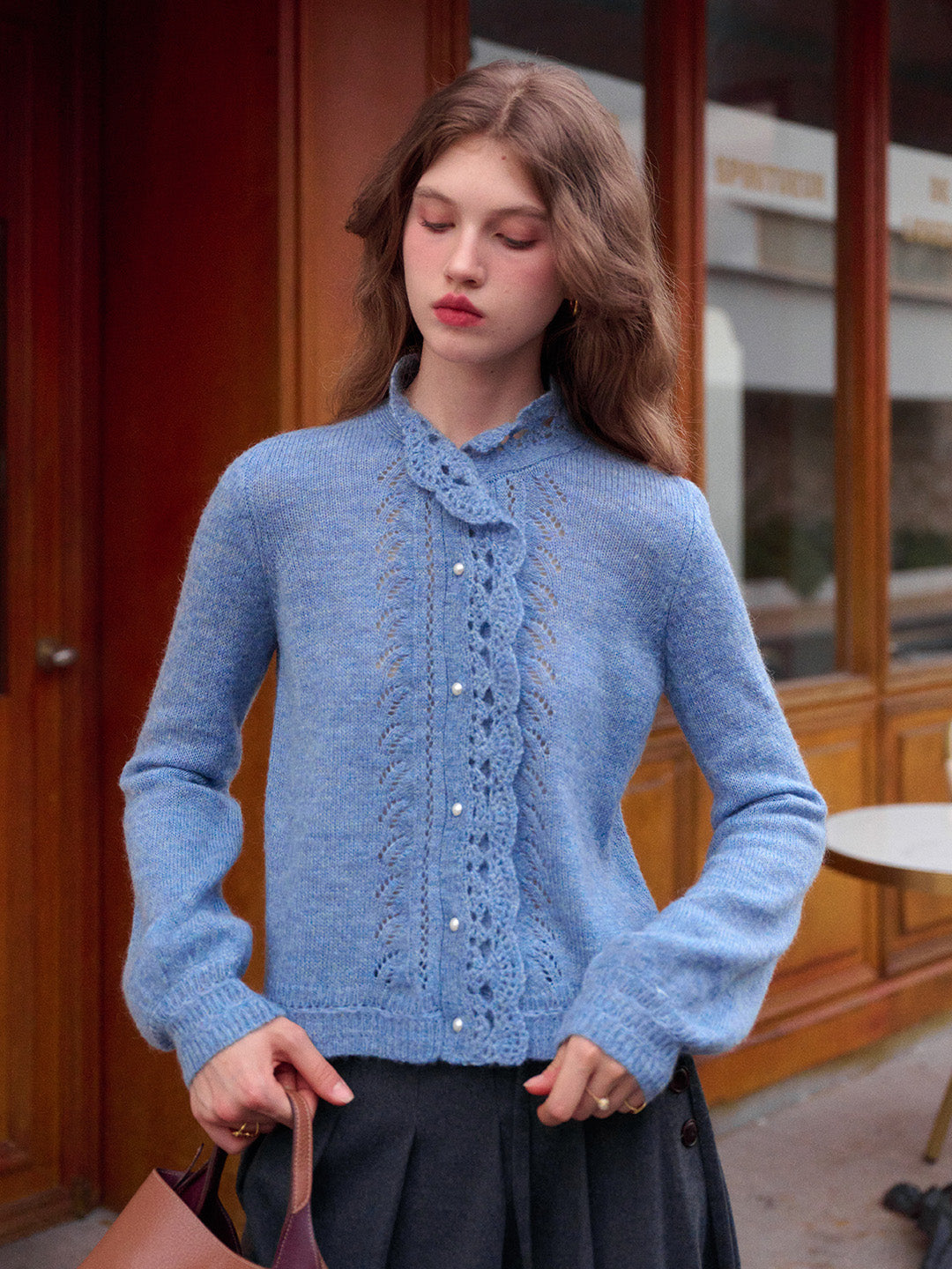 Lauren Wavy Collar Hollow Knit Cardigan